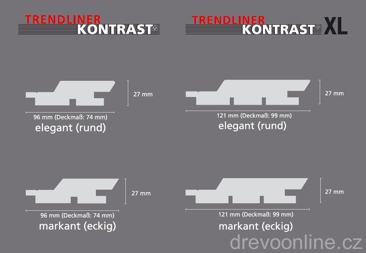 Trendliner Kontrast,  27 x 96 x 6000mm, jemně řezané, sib. modřín; cena za m2