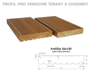 Prkno terasové a bazénové, zadní rýhování AntiSlip 26 x 140 x 4200 mm - THERMOWO